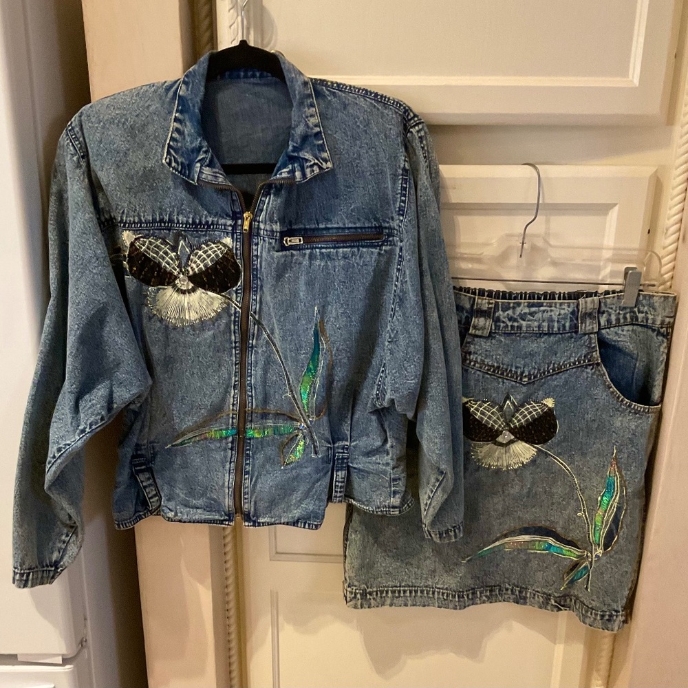 Vintage Applique Dolman Sleeve Cropped Denim Jacket & Skirt L Rhinestones 1980s